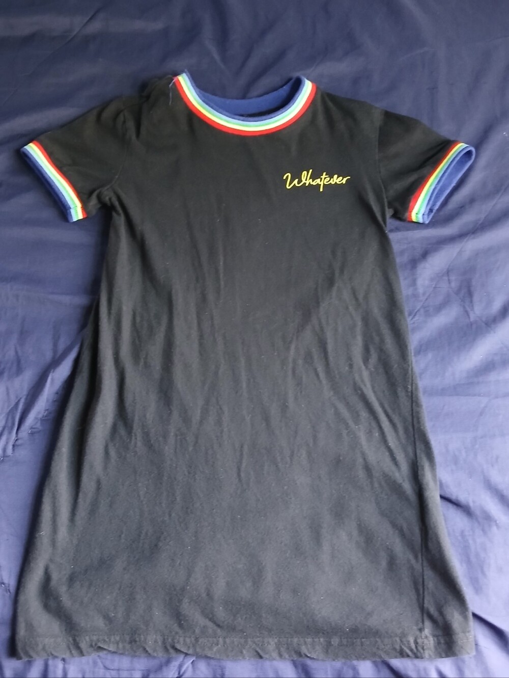 Forever 21 Black Tee Dress w/ Rainbow Trim and Yellow 'Whatever' Embroidery 7/8